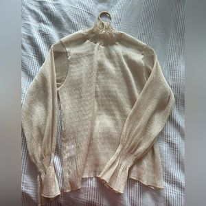 Oak + Fort Sheer Ruffled Neck Blouse, Size Small, Cream Colour